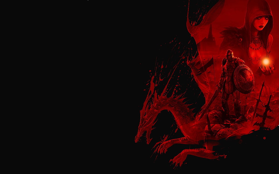 dragon and knight digital wallpaper, video games, Dragon Age, Dragon Age: Origins, Morrigan (character) HD wallpaper