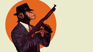 primate in suit set holding brown rifle photo