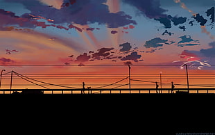 silhouette photo of bridge, 5 Centimeters Per Second, power lines, Makoto Shinkai , sunset