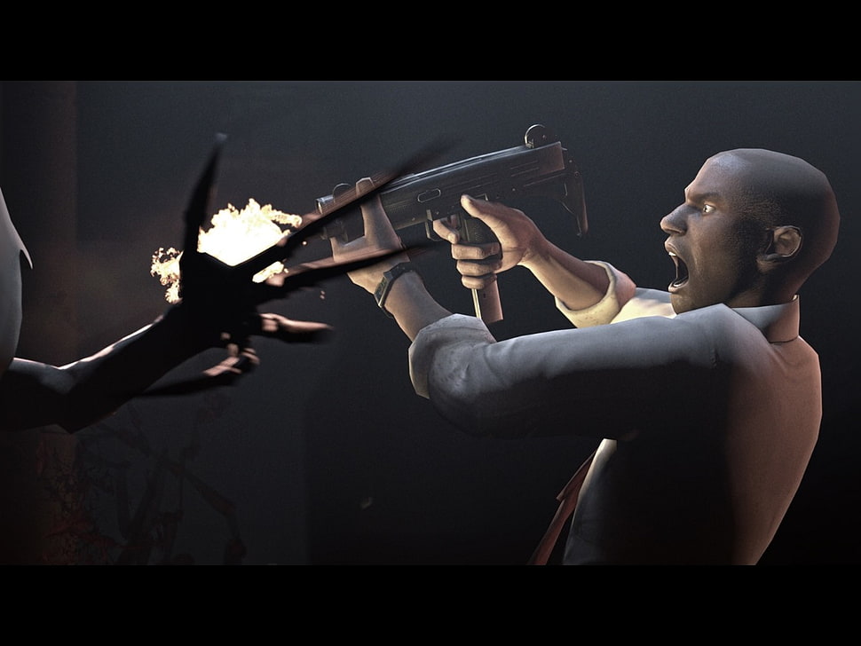 man illustration, computer, Left 4 Dead, zombies, uzi HD wallpaper