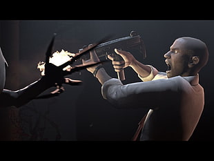 man illustration, computer, Left 4 Dead, zombies, uzi