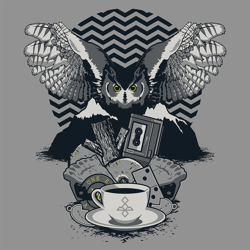 owl and coffeecup digital wallpaper, twin peaks, minimalism HD wallpaper