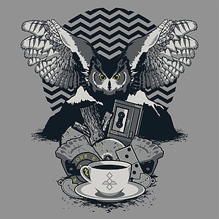 owl and coffeecup digital wallpaper, twin peaks, minimalism