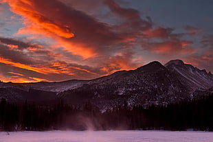 photo of mountain surrounding by snow in sunset scene