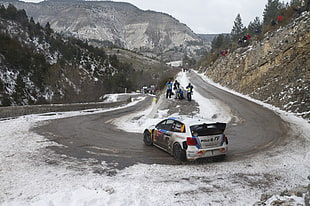 silver 3-door hatchback, rally cars, Volkswagen Polo, snow, mountain pass HD wallpaper
