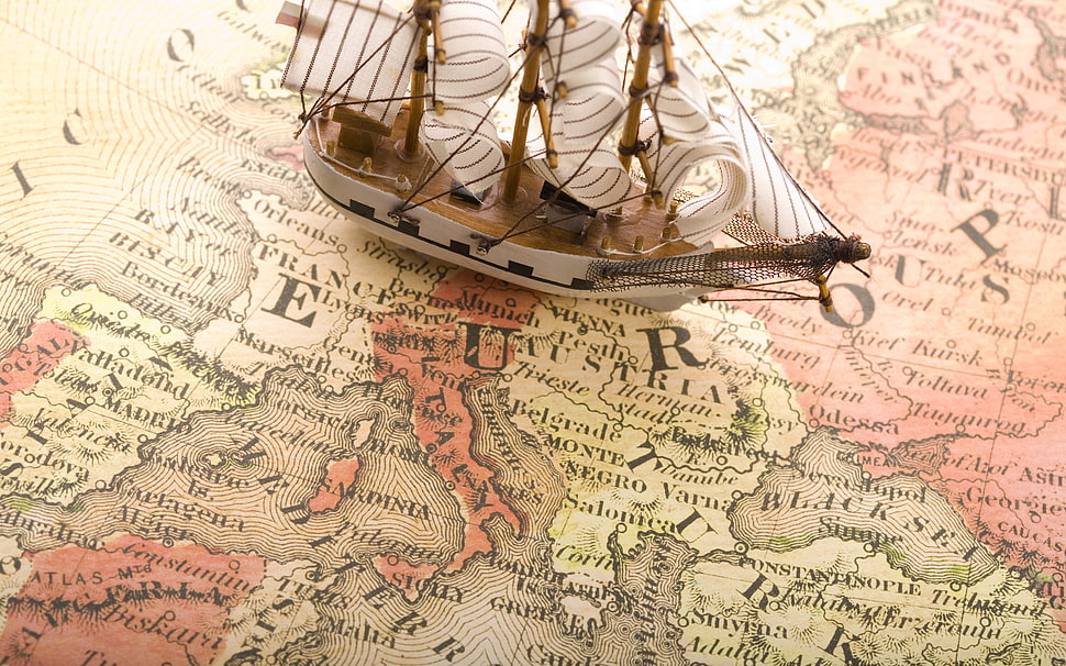 white and brown sailing ship scale model, map, sailing ship, model ship, digital art HD wallpaper
