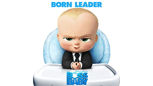 animated illustration of baby on high chair with Born Leader Boss Baby texts