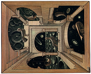 black and gray artwork illustration, M. C. Escher, optical illusion HD wallpaper