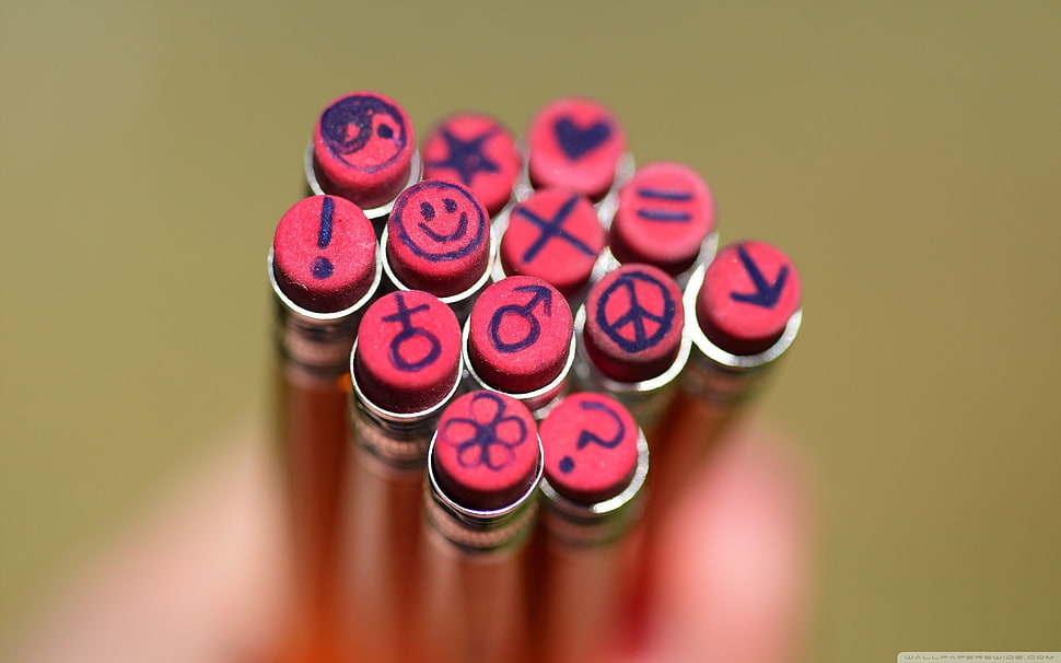 assorted red eraser lot, pencils HD wallpaper