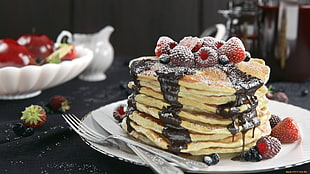 pancake with strawberries and chocolate syrup, food, fruit, berries, pancakes