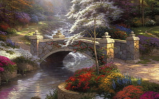 landscape photography of bridge near flowers and body of water painting