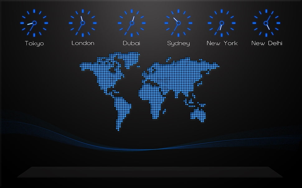 blue and black world time wallpaper, black background, world map, time zones, digital art HD wallpaper