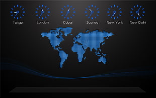 blue and black world time wallpaper, black background, world map, time zones, digital art