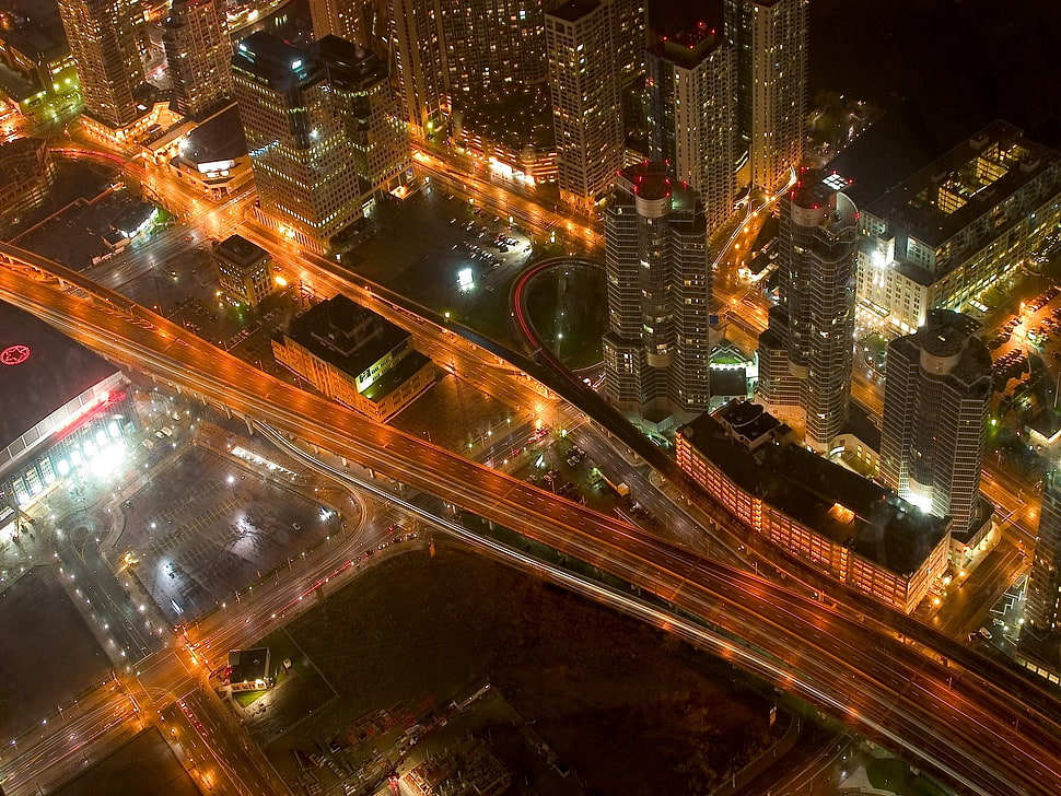 aerial photo of buildings, cityscape, road, highway, aerial view HD wallpaper