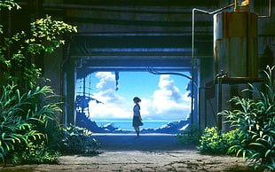 Your Name Anime movie still, ruin, clouds, plants, skirt