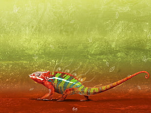 green and orange chameleon painting, nature, animals, reptiles, chameleons HD wallpaper