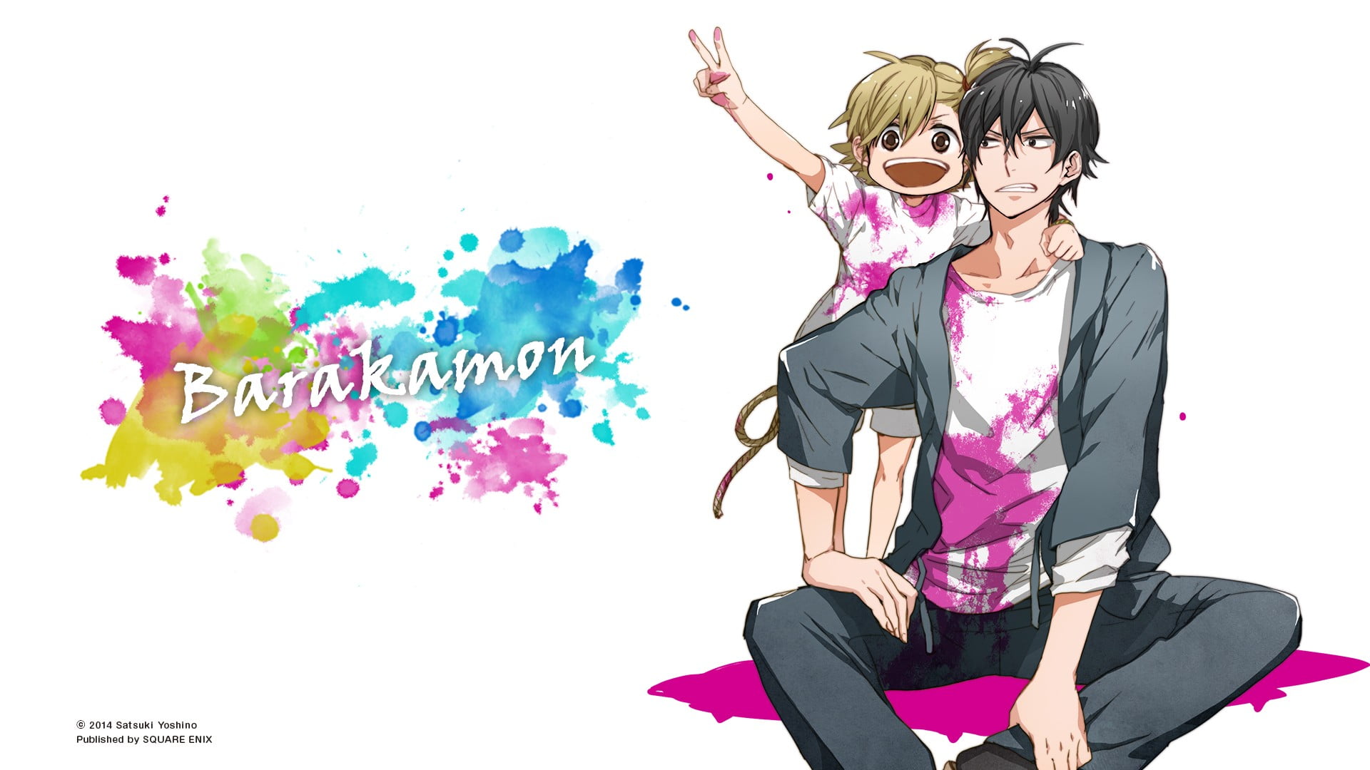 girl beside a sitting man Barakamon anime digital wallpaper