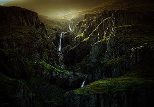 rock formation, landscape, waterfall, nature HD wallpaper