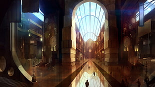 arch-roof library interior digital wallpaper, building, interior, clocks, digital art