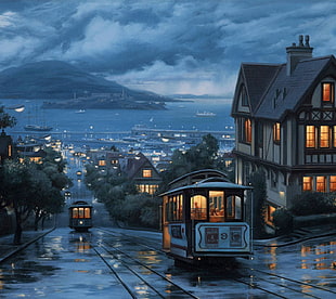 white and black city tram, nature, artwork, cozy, San Francisco HD wallpaper
