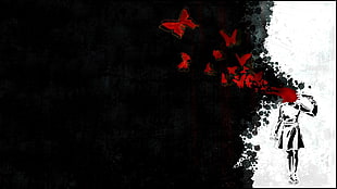 person holding gun and red butterfly digital wallpaper, gun, abstract, selective coloring, butterfly