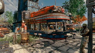 blue and red food stall, Fallout 4, Xbox One HD wallpaper