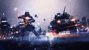warrior with guns near to tank digital wallpaper, war, soldier, battle, weapon