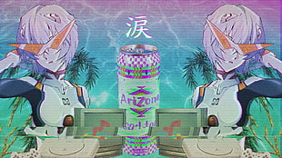 Arizona anime wallpaper, vaporwave, Ayanami Rei, kanji, Chinese characters