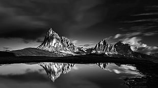 grayscale photograph of mountain HD wallpaper