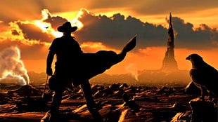 cowboy with crow and rock tower digital wallpaper, The Dark Tower, Roland, Stephen King, fantasy art