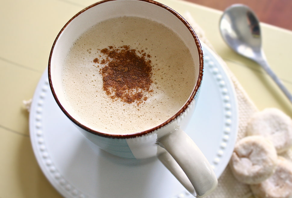 white ceramic cup on white saucer plate HD wallpaper