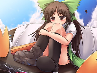 brown female anime character wearing green bow