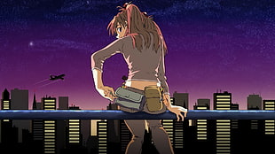female anime character sitting on railings HD wallpaper