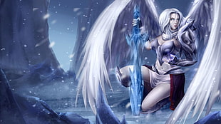 angel holding blue sword illustration, fantasy art, angel, sword, wings