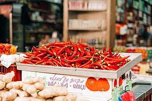 pile of Chilies on white tray HD wallpaper