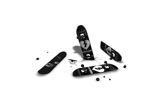 four black skateboards, white background, digital art, simple background, skateboard