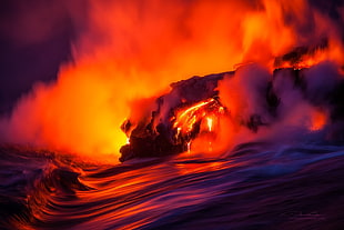 lava flowing towards body of water digital wallpaper, volcanic eruption, volcano, sea, water