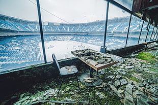 blue and black stadium, architecture, abandoned, interior, room
