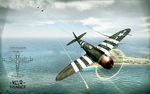 black and white airplane, aircraft, airplane, P-47 Thunderbolt, war