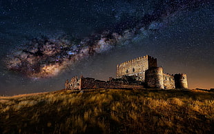 gray stone castle, César Vega, Milky Way, ruin, long exposure