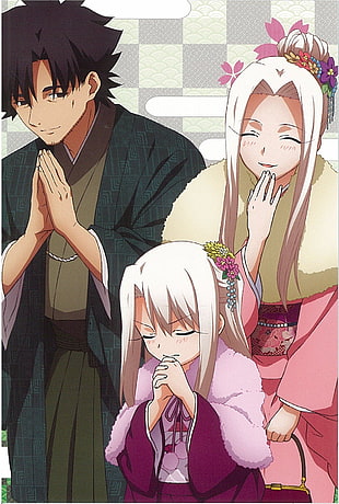 three person anime characters illustration, Fate Series, Fate/Zero, Irisviel von Einzbern, Kiritsugu Emiya HD wallpaper