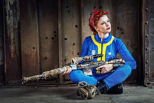 brown tree camouflage rifle with scope, women, redhead, cosplay, Fallout