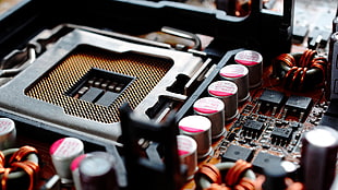 red computer motherboard, electronics, closeup, microchip, CPU