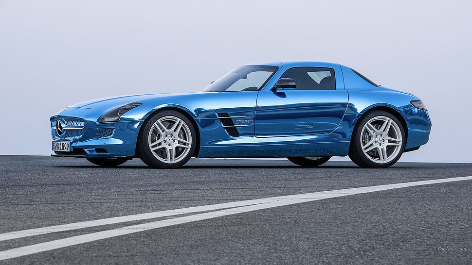 blue Mercedes-Benz coupe, Mercedes SLS, blue cars, car, vehicle HD wallpaper