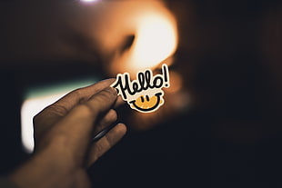 Hello sticker, Smile, Inscription, Hand HD wallpaper