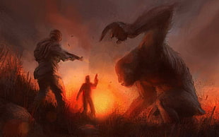 two person holding guns in front of monster painting, creature