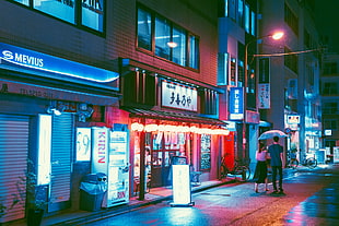 blue umbrella, street, road, neon, Japanese HD wallpaper