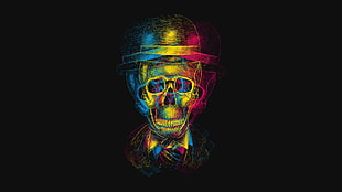 blue, yellow, and pink skull graphic art