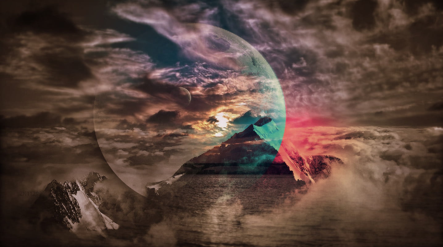 full moon and mountain poster, artwork, Moon, planet, blue