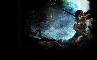 brown wooden framed fish tank, Tomb Raider, archer, hair bows, hunter